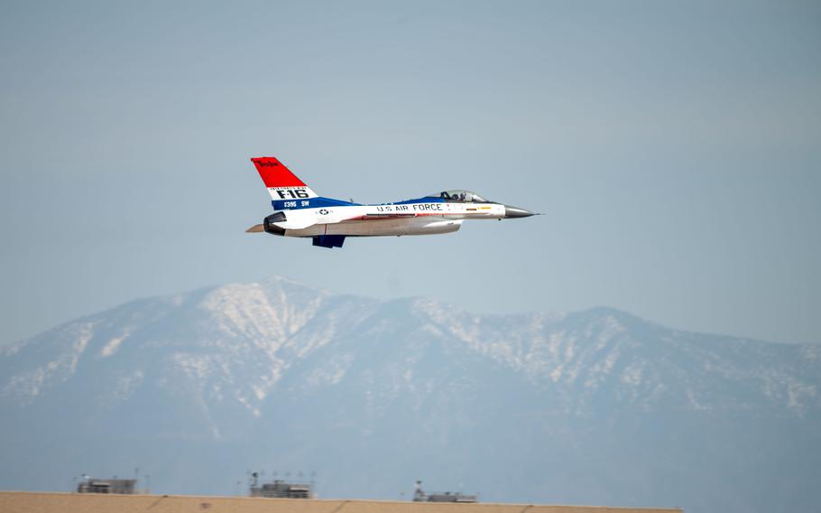 U.S. Air Force Capt. Taylor “FEMA” Hiester, F-16 Viper Demonstration Team commander and pilot, performs a flyby at Edwards Air Force Base, Calif., May 13, 2024. 