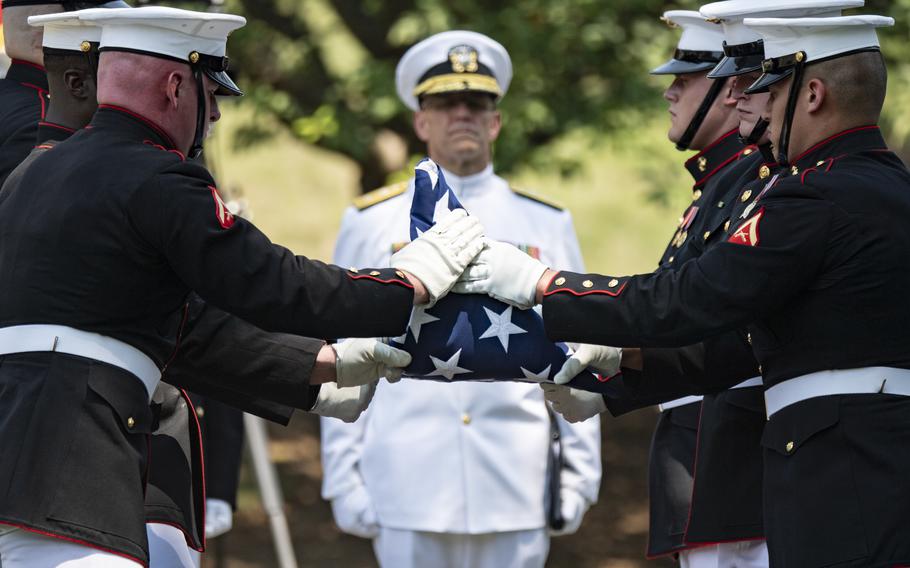 Marines from the Marine Band “The President’s Own” and Marine Barracks Washington conduct military funeral honors with funeral escort for retired Gen. Alfred Gray Jr., the 29th Commandant of the Marine Corps, in Section 35 of Arlington National Cemetery, Arlington, Va., July 29, 2024. 