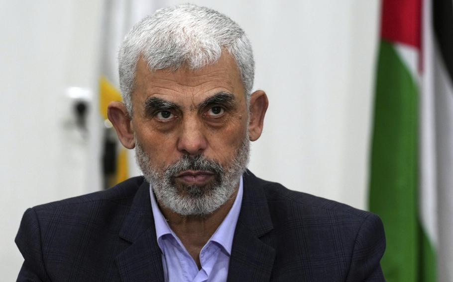 Yahya Sinwar chairs a meeting with leaders of Palestinian factions in Gaza City in April 2022.