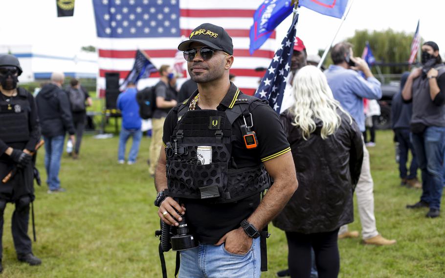 Proud Boys chairman Enrique Tarrio (center) in Portland, Oregon, in 2020. 