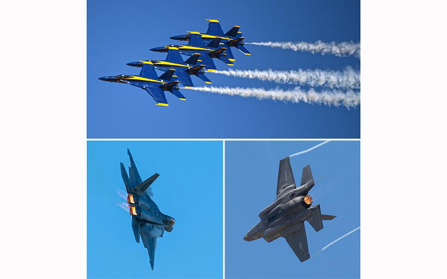 At top, F/A-18 Hornet aircraft with the Navy Flight Demonstration Squadron, the Blue Angels, perform in El Centro, Calif., on Feb. 26, 2021. Bottom left, an Air Force Air Demonstration Squadron F-22 Raptor aircraft banks as part of a Thunderbirds performance at Joint Base Langley-Eustis, Va., in May 2023. Bottom right, An F-35B Lightning II banks as part of a demonstration at Marine Corps Air Station Beaufort, S.C., on April 23, 2023.