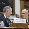 Rear Admiral Lower Half Milton Sands, left, speaks with Major General Peter Huntley on Wednesday, Feb. 26, 2025, before a House Armed Services Committee hearing in Washington. (Eric Kayne/Stars and Stripes)