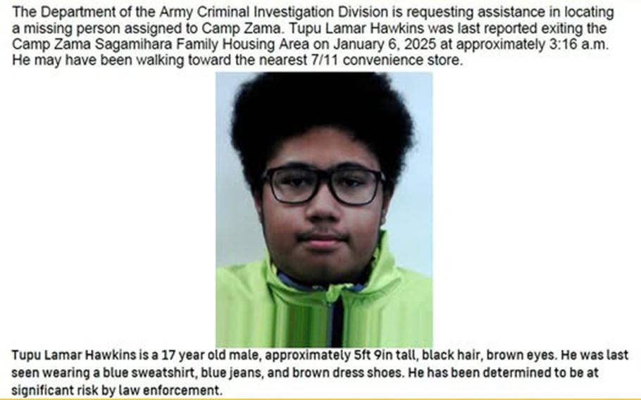 Tupu Lamar Hawkins, 17, was last seen leaving the Sagamihara Family Housing Area at 3:16 a.m. Monday, Jan. 6, 2025.