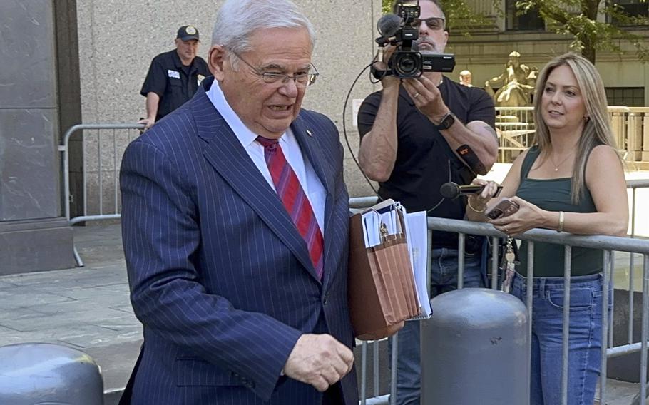 U.S. Sen. Bob Menendez, D-N.J., leaves federal court following the day’s proceedings in his bribery trial, Friday, June 28, 2024, in New York. Prosecutors rested on Friday after presenting evidence for seven weeks at the bribery trial of Menendez, enabling the Democrat and two New Jersey businessmen to begin calling their own witnesses next week to support defense claims that no crimes were committed and no bribes were paid. 