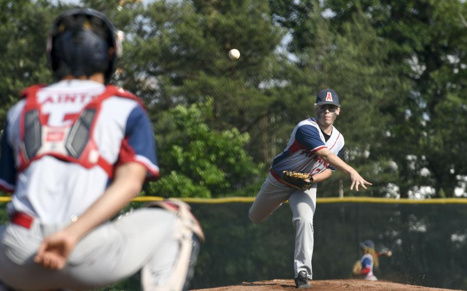 Aviano's Michael Borchansky throws during a 2024 DODEA European baseball championship game against Spangdahlem on May 22, 2024, at Southside Fitness Center on Ramstein Air Base, Germany.