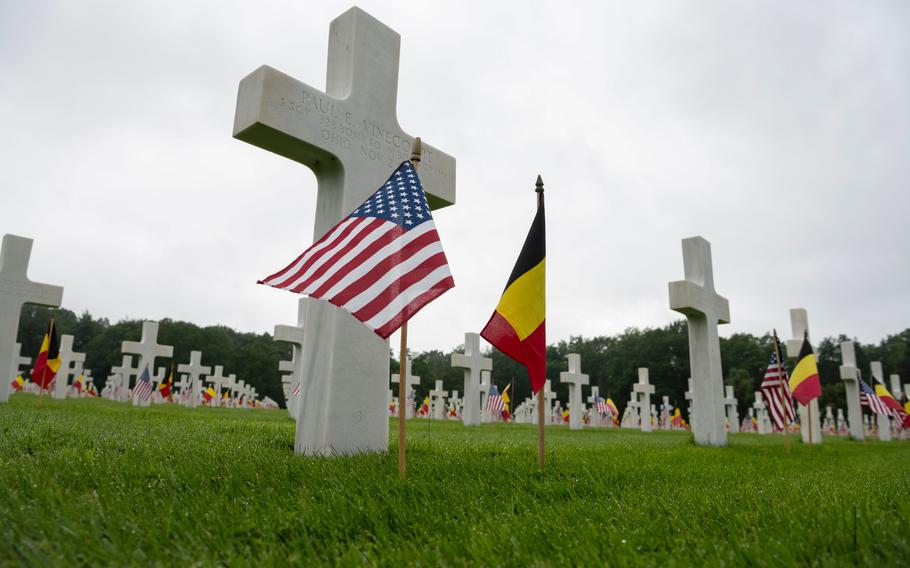Some of the over 5,000 graves of Americans buried at Ardennes American Cemetery in Neupré, Belgium. U.S. and Belgian flags were planted at each headstone to mark Memorial Day, which was observed at the site May 25, 2024.