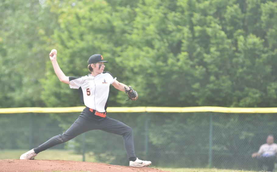 Ryan Roe started for the Spangdahlem Sentinels in the DODEA European Division II/III championships Friday, May 24, 2024, at Ramstein Air Base in Germany.