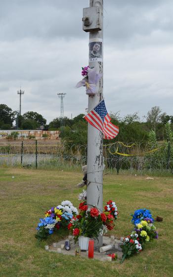 A memorial on display in Shelby Park in Eagle Pass, Texas.