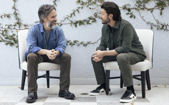 Gael García Bernal and Diego Luna pose for a portrait to promote “La Maquina” on Oct. 3 in West Hollywood, Calif. Now streaming, it is Hulu’s first Spanish-language production.