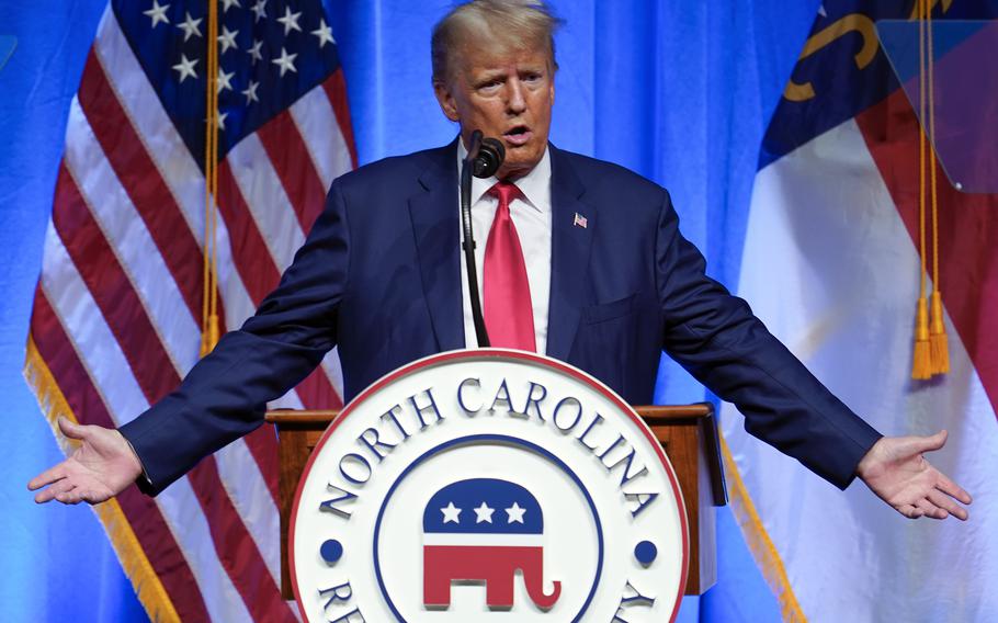 Former President Donald Trump speaks during the North Carolina Republican Party Convention in Greensboro, N.C., Saturday, June 10, 2023. 