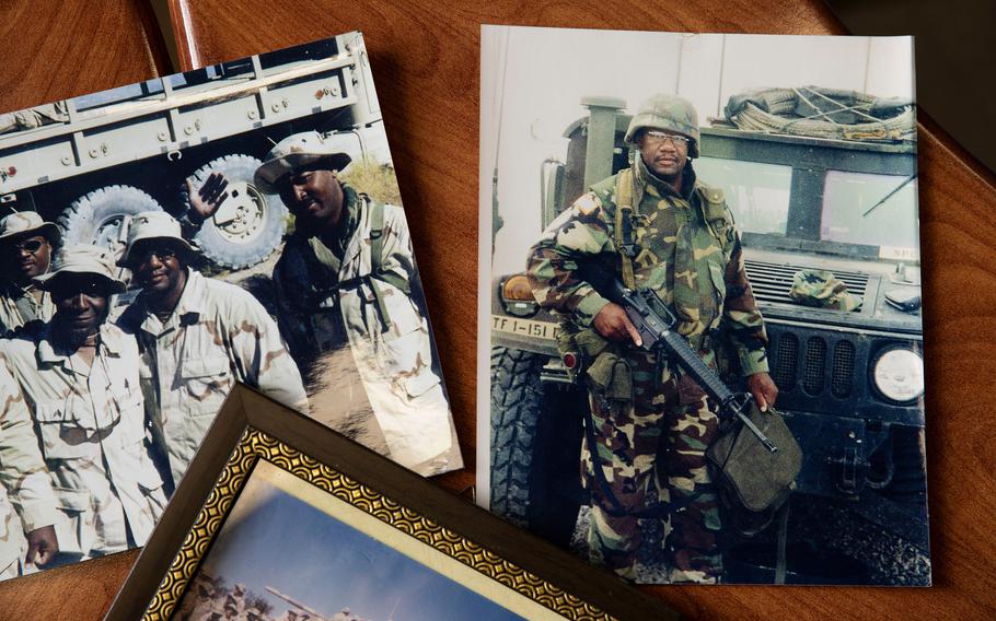Photographs of Joseph Bond from his time in the military, on display in a classroom at Ben Franklin High School in Philadelphia. Bond, 72, is about to earn his high school diploma more than 50 years after he left high school to serve in the Marines.