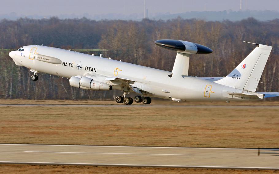 A NATO AWACS takes off from NATO Air Base Geilenkirchen, Germany, on to provide air and maritime surveillance over Romania, March 14, 2014. 