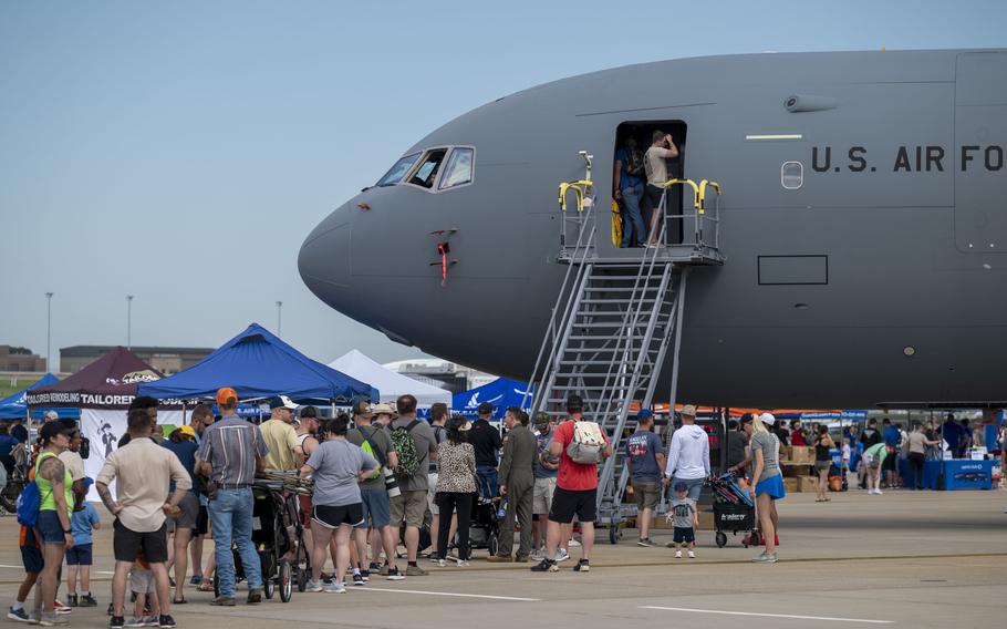 Families take a tour of a KC-46A Pegasus on Aug. 24 at McConnell Air Force Base, Kan. 