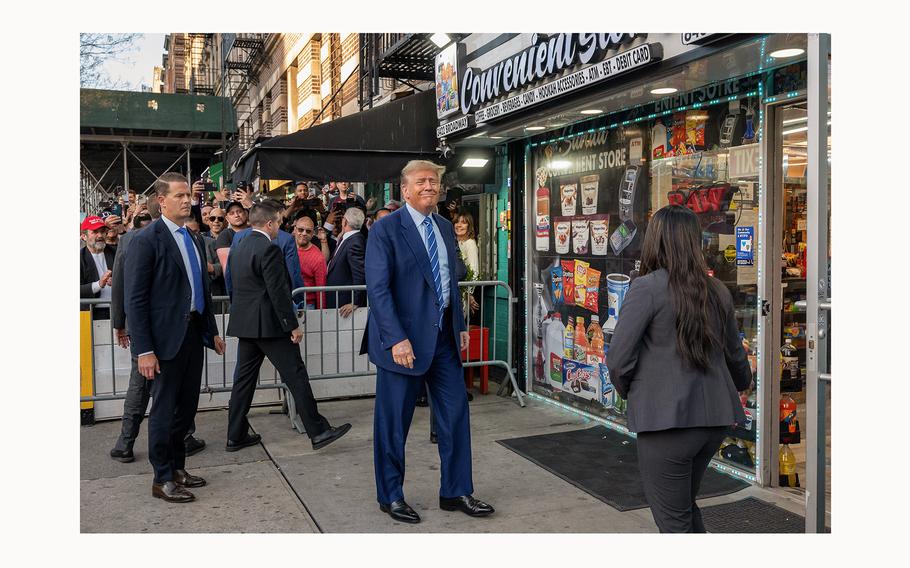 Former President Donald Trump visits on April 16, 2024, a bodega in the Harlem neighborhood of Manhattan where a worker was assaulted by a man in 2022 and ended up killing him in an ensuing fight. 