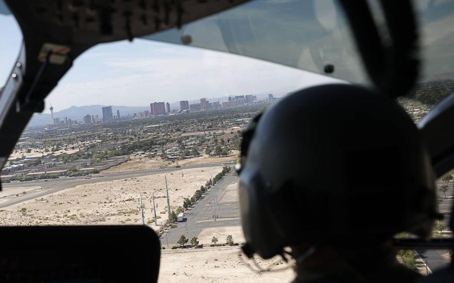 The Las Vegas Strip is seen from a UH-72B Lakota helicopter, Tuesday, May 16, 2023, in Las Vegas. 