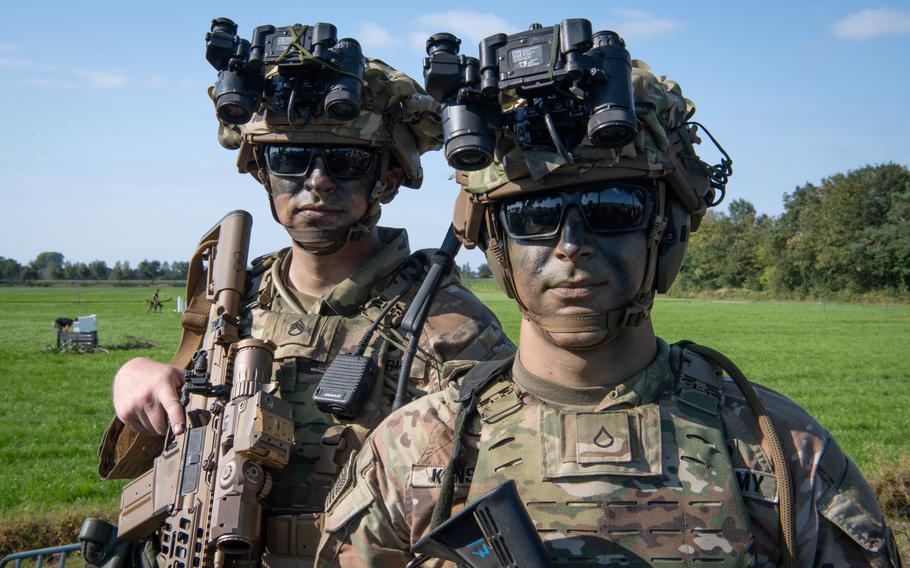 Staff Sgt. Jacob Coyle, left, and Pfc. Kristan Kensler after participating in an air assault demonstration 