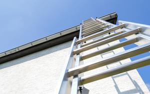 A three-sectioned aluminum ladder extends to the roof of a house.