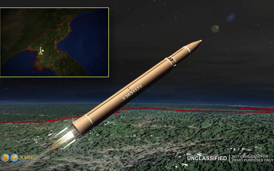 A video screen grab shows a notional model, a principal tool used to understand the capabilities of ballistic missile threat systems. This 2017 animation demonstrates a test launch of a North Korean Intercontinental Ballistic Missile launching from a location in North Korea and flying to an open ocean location in the Pacific Ocean. 