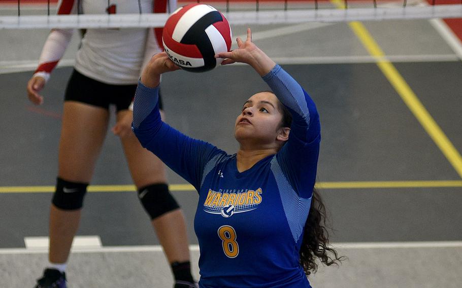 Wiesbaden's Abigail Nirola sets the ball for a teammate during a match against Kaiserslautern on Sept. 21, 2024, at Kaiserslautern High School in Kaiserslautern, Germany.