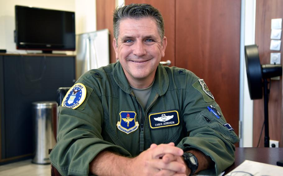 Brig. Gen. Christopher Amrhein, commander of the Air Force Recruiting Service, visits Ramstein Air Base, Germany, on Sept. 12, 2024. 