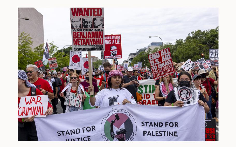 Protesters march in downtown D.C. on Wednesday, July 24, 2024, in support of Palestinians and in opposition to Israeli Prime Minister Benjamin Netanyahu’s visit to the city for an address to Congress. 