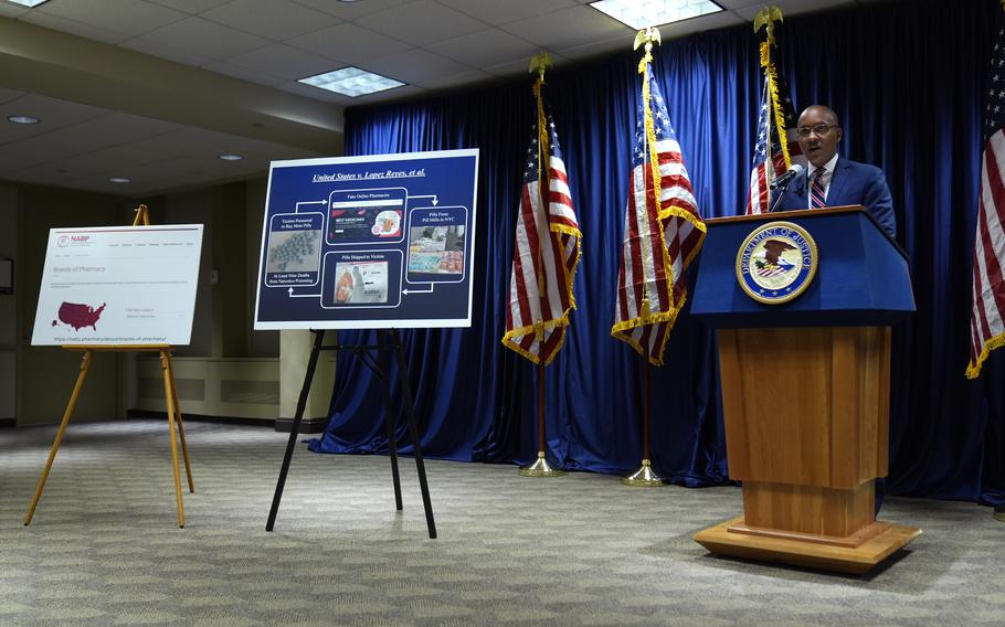 U.S. Attorney Damian Williams speaks about a drug trafficking case during a press conference at Federal Plaza in New York, Monday, Sept. 30, 2024.