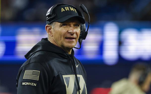 FILE - Army head coach Jeff Monken during an NCAA football game against the Navy Midshipmen at Gillette Stadium Saturday, Dec. 9, 2023, in Foxborough, Mass. (AP Photo/Winslow Townson, File)