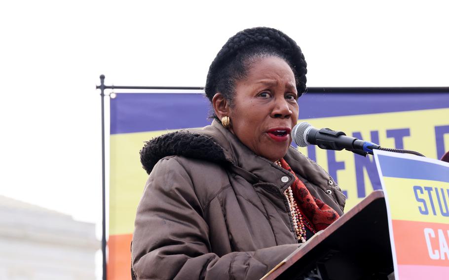 U.S. Rep. Sheila Jackson Lee speaks as student loan borrowers and advocates gather for the People's Rally To Cancel Student Debt during Supreme Court hearings on student debt relief on Feb. 28, 2023, in Washington, D.C. 