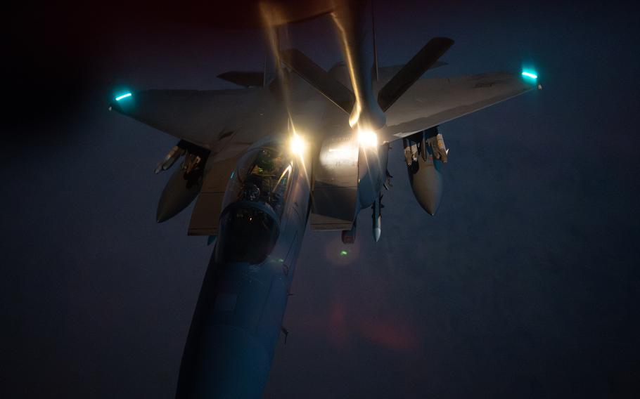 A close up of an Strike Eagle aircraft is shown.