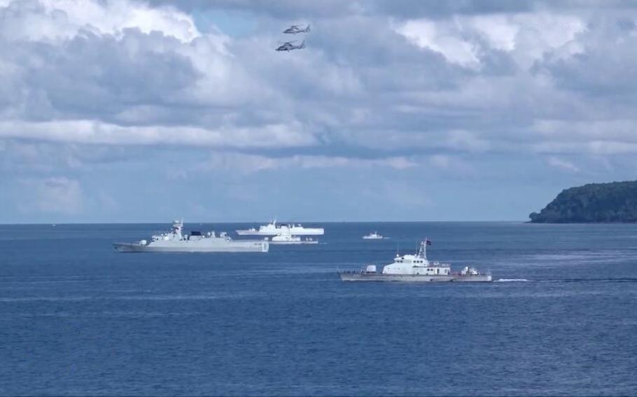 Chinese and Cambodian ships sail in formation during training in the Gulf of Thailand, May 27, 2024.