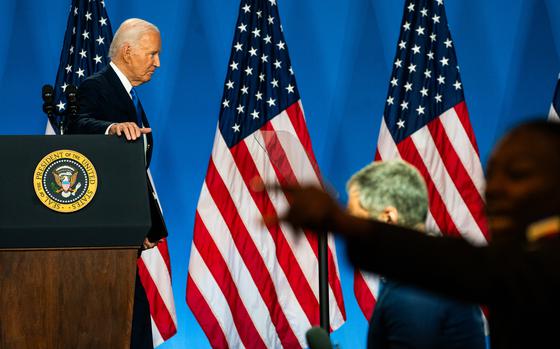 President Joe Biden exits the stage after a news conference during NATO’s 75th anniversary summit in Washington on July 11. MUST CREDIT: Demetrius Freeman/The Washington Post