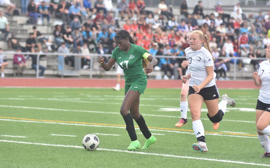 VaNae Filer gets set to boot in her second goal Thursday, May 23, 2024, after out-sprinting three Vicenza defenders in the DODEA European Division II girls soccer tournament championship game at Ramstein Air Base in Germany.