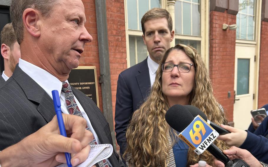 Jim and Evelyn Piazza speak after the sentencing in Centre County Court 