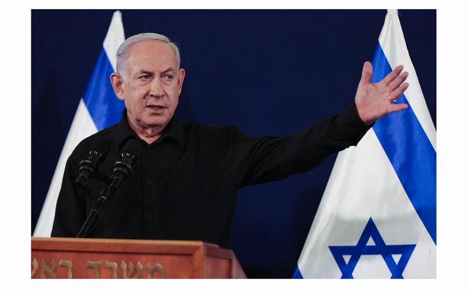 Israeli Prime Minister Benjamin Netanyahu speaks during a briefing at the Kirya military base in Tel Aviv, Israel, on Oct. 28, 2023. 