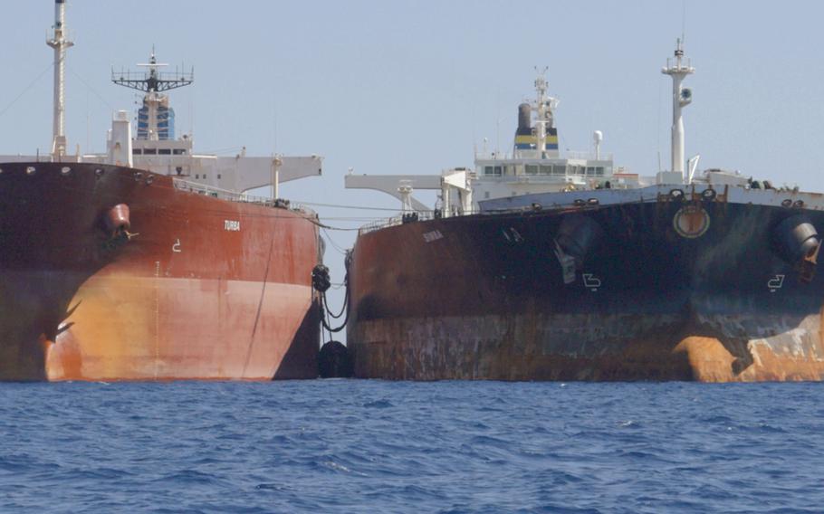 The Turba, now renamed the Robon, left, and Simba tankers in the Laconian Gulf, Greece, on Sept. 19, 2023.