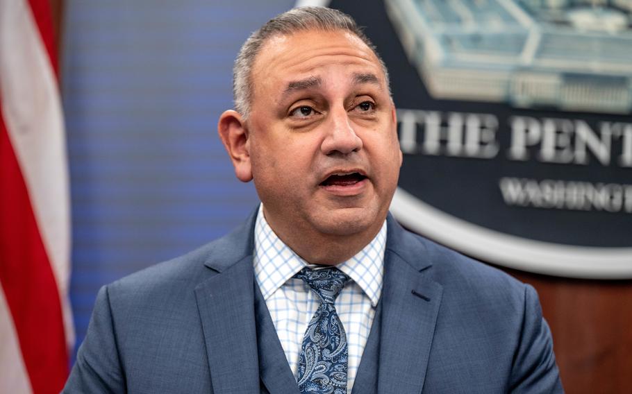 Gilbert Cisneros, undersecretary of defense for personnel and readiness, speaks Sept. 30, 2022, during a briefing on economic security in the military community at the Pentagon.