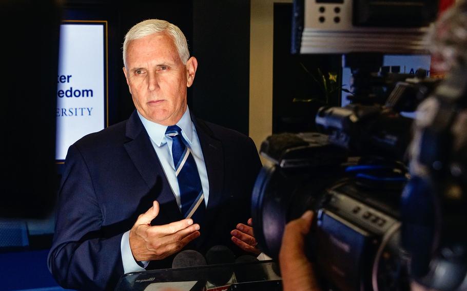 Former vice president Mike Pence at Florida International University in January. A federal judge in March required him to testify before a grand jury investigating the Jan. 6, 2021, Capitol attack. 