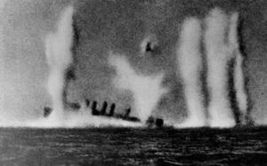 An image from a Japanese propaganda film shows the final moments of USS Edsall, under Japanese attack in March 1942 in the Indian Ocean. MUST CREDIT: Naval History and Heritage Command