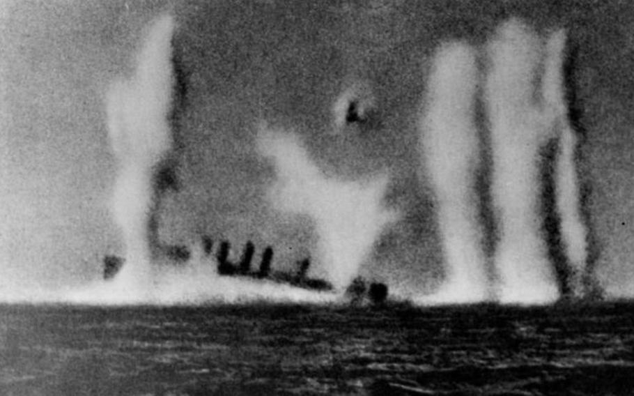 The USS Edsall sinks in the Indian Ocean in March 1942.