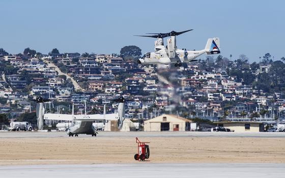 A Navy CMV-22B Osprey makes a functional check flight at Naval Air Station North Island, Calif., on March 19, 2024.