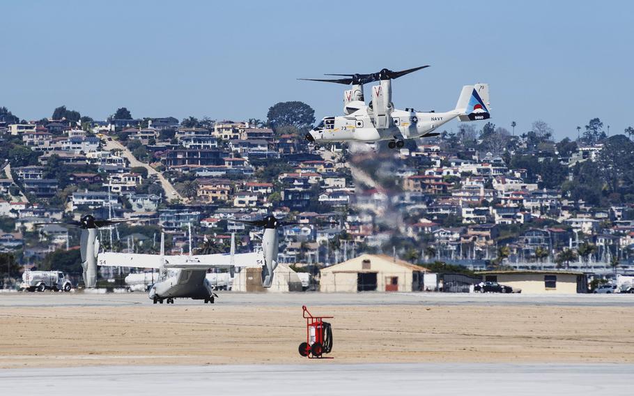 A Navy CMV-22B Osprey makes a functional check flight at Naval Air Station North Island, Calif., on March 19, 2024.