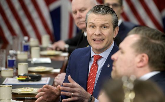 Secretary of Defense Pete Hegseth speaks during a meeting at the Pentagon.