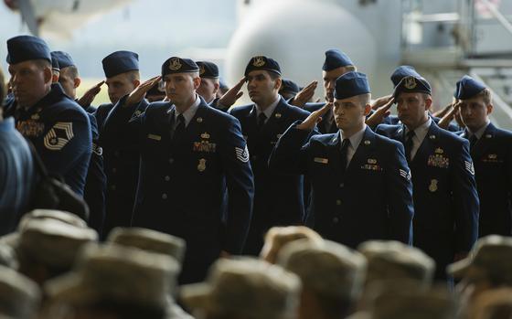 Ramstein Air Base, Germany, Aug. 17, 2016: A formation presents Brig. Gen. Jon Thomas with a final salute during the 86th Airlift Wing's change-of-command ceremony at Ramstein Air Base, Germany. 

Read the Change of Command article here.
https://www.stripes.com/migration/new-commander-takes-charge-of-air-force-s-largest-wing-in-europe-1.424345

META TAGS: U.S. Air Force; 86th Airlift Wing; USAFE; Change of Command; ceremony