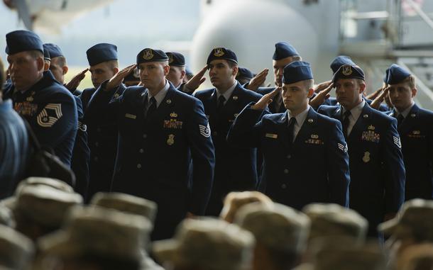 Ramstein Air Base, Germany, Aug. 17, 2016: A formation presents Brig. Gen. Jon Thomas with a final salute during the 86th Airlift Wing's change-of-command ceremony at Ramstein Air Base, Germany. 

Read the Change of Command article here.
https://www.stripes.com/migration/new-commander-takes-charge-of-air-force-s-largest-wing-in-europe-1.424345

META TAGS: U.S. Air Force; 86th Airlift Wing; USAFE; Change of Command; ceremony