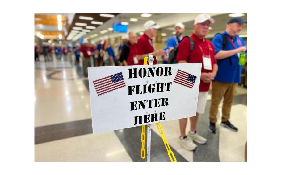 Eastern Iowa Honor Flight participants line up for a flight that took them to the Nation’s Capitol on Sept. 20, 2023, for a tour of the area’s war memorials.