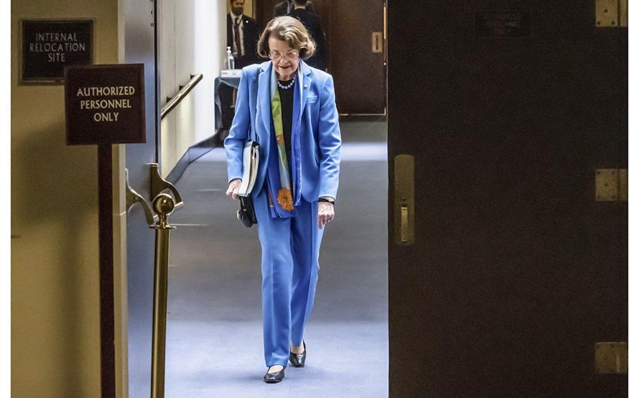 Sen. Dianne Feinstein, D-Calif., leaves a committee hearing on Capitol Hill on Wednesday, April 14, 2021 in Washington, D.C. 