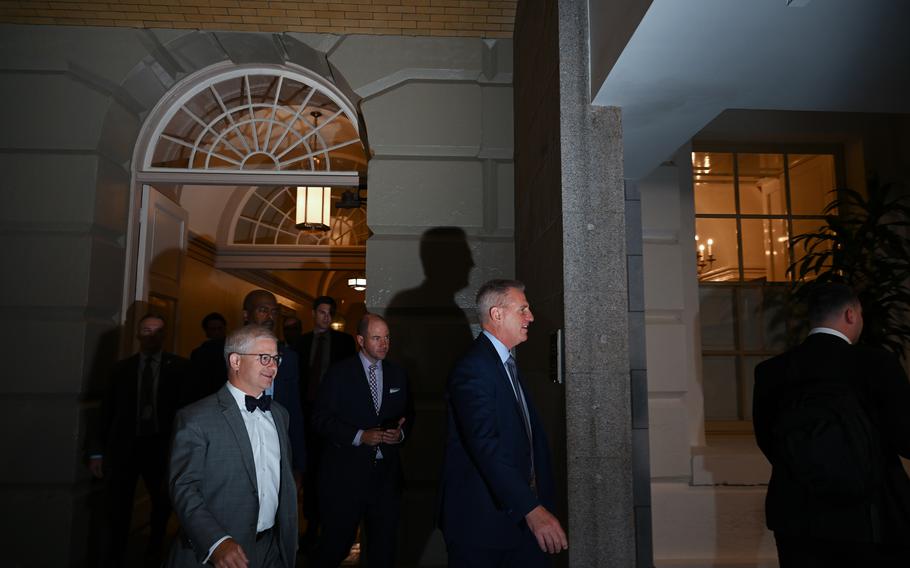 House Speaker Kevin McCarthy, R-Calif., walks to a House Republican caucus meeting at the U.S. Capitol. 