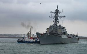 The destroyer USS Oscar Austin arrives at Naval Station Rota, Spain, completing its homeport shift from Naval Station Norfolk, Va., Oct. 15, 2024. Oscar Austin is the first of two additional destroyers planned for the Navy base on Spain's Atlantic coast.