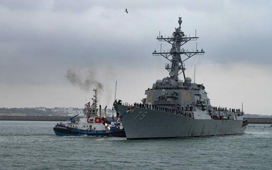 The destroyer USS Oscar Austin arrives at Naval Station Rota, Spain, completing its homeport shift from Naval Station Norfolk, Va., Oct. 15, 2024. Oscar Austin is the first of two additional destroyers planned for the Navy base on Spain's Atlantic coast.