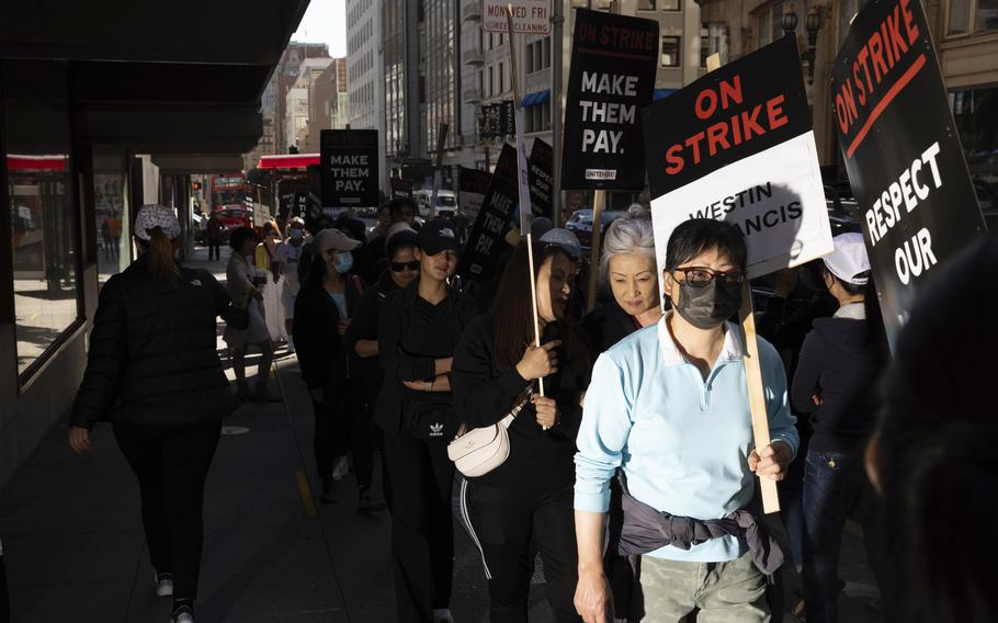 Hotel workers picket outside the Westin St. Francis in San Francisco on Sept. 2, 2024.